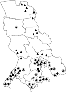 Fig. 1. European wild boar distribution and roe deer occurrences in Republic of Karelia (from Danilov, 1979 with additions)