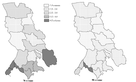 Fig. 5. Elk distribution and abundance in Karelia, tracks in 10 km of the route (from Danilov et al., 1996 with additions)