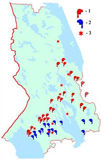 Распространение канадских и европейских бобров в местах их совместного обитания: 1 – места добычи канадских бобров; 2 – места добычи европейских бобров; 3 – места выпусков канадских бобров.