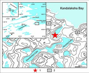 Location of the borehole studied.  1  sampling site; 2  settlements : I  Korabelnaya I; II  Korabelnaya II