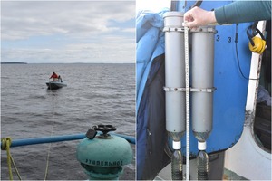 Седиментационная ловушка – устройство для отбора проб взвешенного вещества в воде (слева – в процессе переустановки)