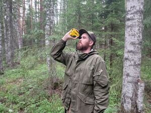 Научный сотрудник Института леса КарНЦ РАН Владимир Карпин измеряет высоту дерева